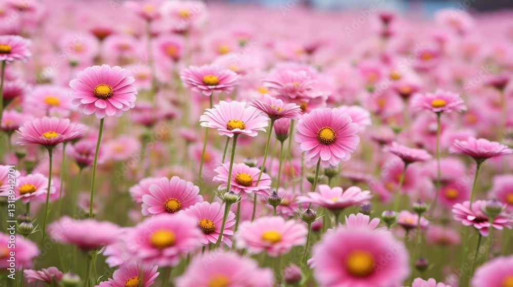 A Field of Vibrant Pink Flowers with Yellow Centers A Field of Vibrant Pink Flowers with Yellow Centers