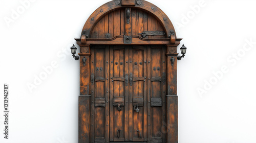 A rustic wooden door features decorative elements and sturdy iron work. Set against a plain backdrop, it showcases craftsmanship and timeless design, emphasizing its rich texture and warmth