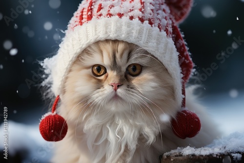 A Fluffy Cat Wearing a Santa Hat in a Snowy Winter Wonderland photo