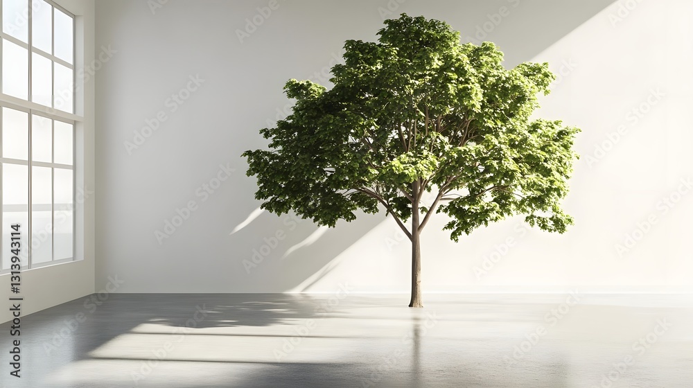 Obraz premium Lush green tree standing in a bright, minimalistic interior space with sunlight casting shadows