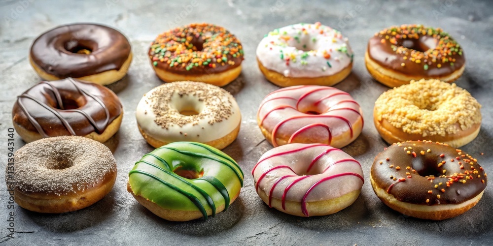 Photography A delightful assortment of twelve assorted glazed donuts, each with unique and colorful toppings, arranged on a textured surface