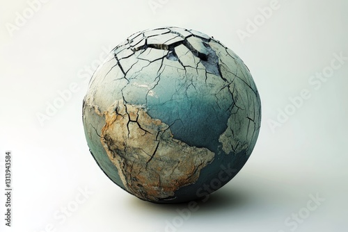 This artistic representation of a cracked globe symbolizes environmental degradation and the urgent need for ecological awareness and action.