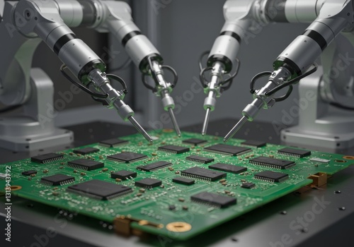 Robotic arms working on electronic circuit board. Detailed, technical