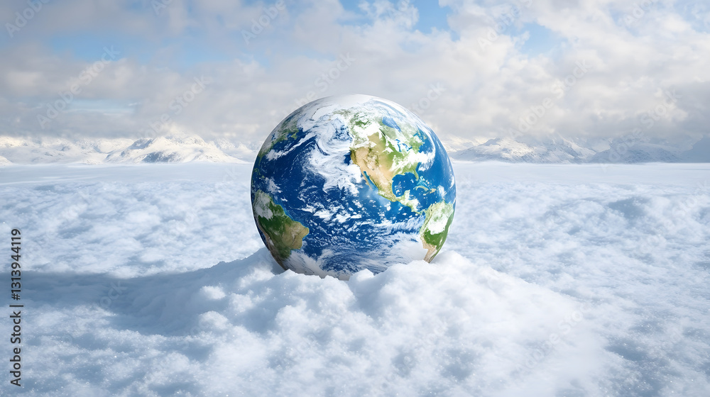 Naklejka premium A globe rests on snowy clouds under a bright sky