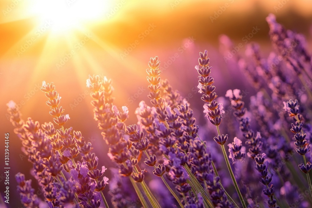 Golden light illuminates a field of lavender swaying gently in the breeze, creating a serene and tranquil scene. Golden light illuminates a field of lavender swaying gently in the breeze, creating a serene and tranquil scene.