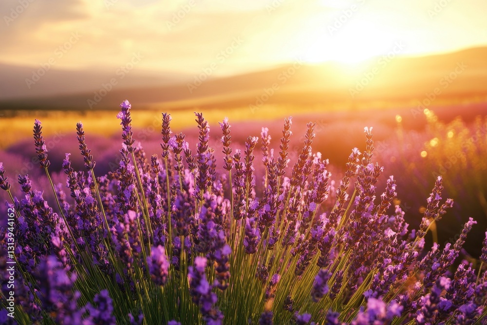 Naklejka premium Golden light illuminates a field of lavender swaying gently in the breeze, creating a serene and tranquil scene.