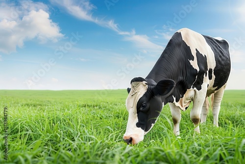 dairy cow grazing on a lush green grass field under a clear blue sky