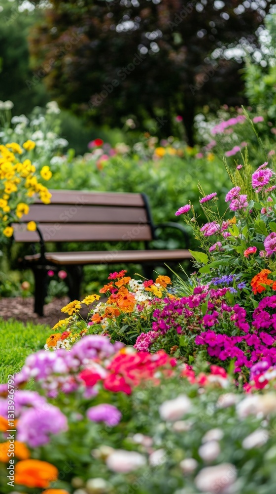 Bright Flower Garden with Bench Surrounded by Vibrant Blooms Bright Flower Garden with Bench Surrounded by Vibrant Blooms