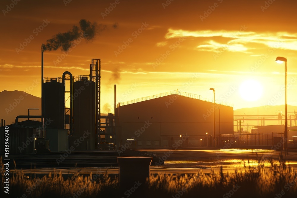 A stunning industrial landscape at sunset, showcasing silhouetted structures, smoke, and vibrant colors in the sky. An atmospheric outdoor scene depicting industry.
