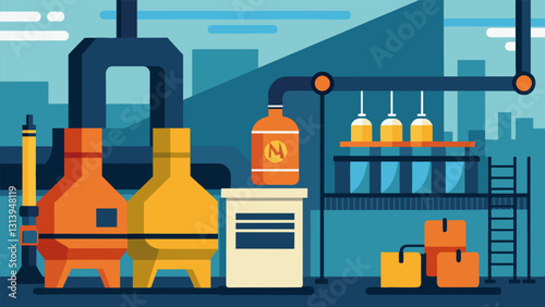The low hum of machinery and hiss of gases filling the air creating a constant industrial soundtrack.. Vector illustration
