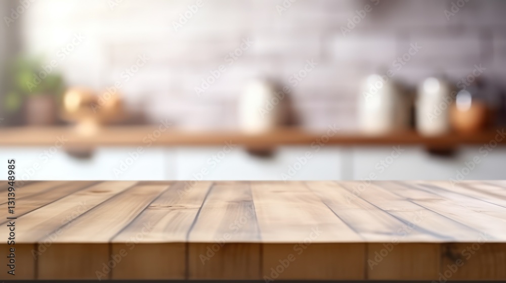 Blurred Kitchen Scene with Wooden Table and Out-of-Focus Background Blurred Kitchen Scene with Wooden Table and Out-of-Focus Background