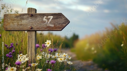 Rustic wooden signpost pointing to nearby villages, wildflowers growing at its base