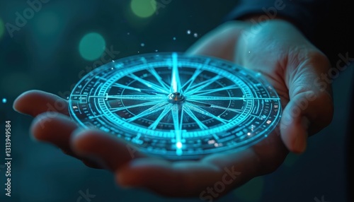 Hand holds digital compass with blue neon light. Tech business strategy navigates to financial success, investment growth. Creative planning, marketing, management solutions with leadership, vision,