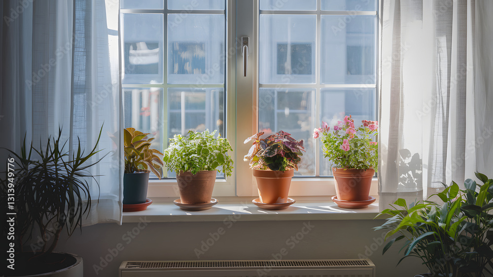 Fototapeta premium A sunlit window with potted plants on the sill and sunlight streaming in.