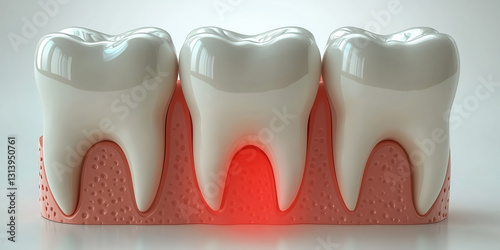 three teeth of a dental row, a visual illustration of inflammation of the root canal of a tooth in the middle photo