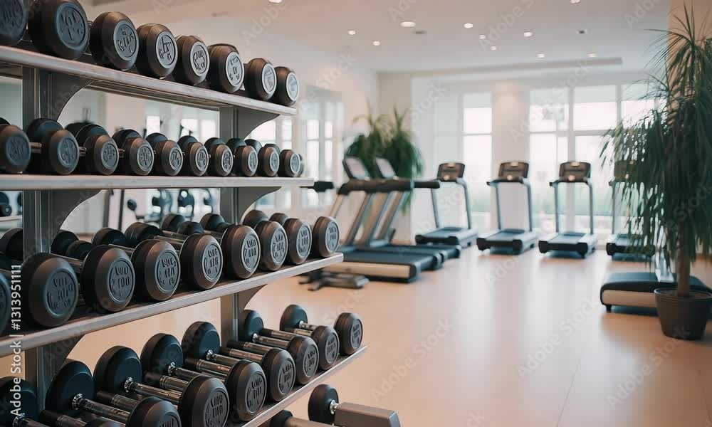 Gym with Dumbbells and Treadmills, neatly organized gym with a rack of black dumbbells in the foreground and treadmills in the background. The bright, modern fitness center features large windows Gym with Dumbbells and Treadmills, neatly organized gym with a rack of black dumbbells in the foreground and treadmills in the background. The bright, modern fitness center features large windows