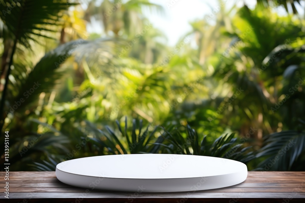 Empty White Circular Platform on a Wooden Table in a Lush Tropical Forest Empty White Circular Platform on a Wooden Table in a Lush Tropical Forest