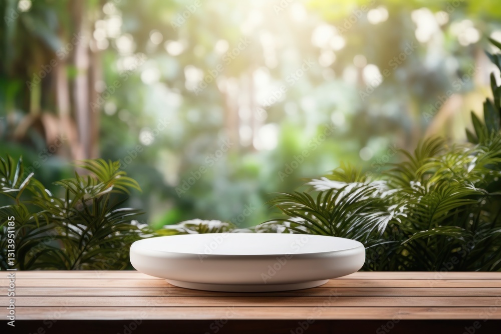 Empty White Plate on a Wooden Table in a Lush Green Outdoor Setting Empty White Plate on a Wooden Table in a Lush Green Outdoor Setting