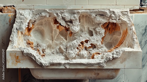 Sink cutouts with tiny material splinters, indicating recent work. 
