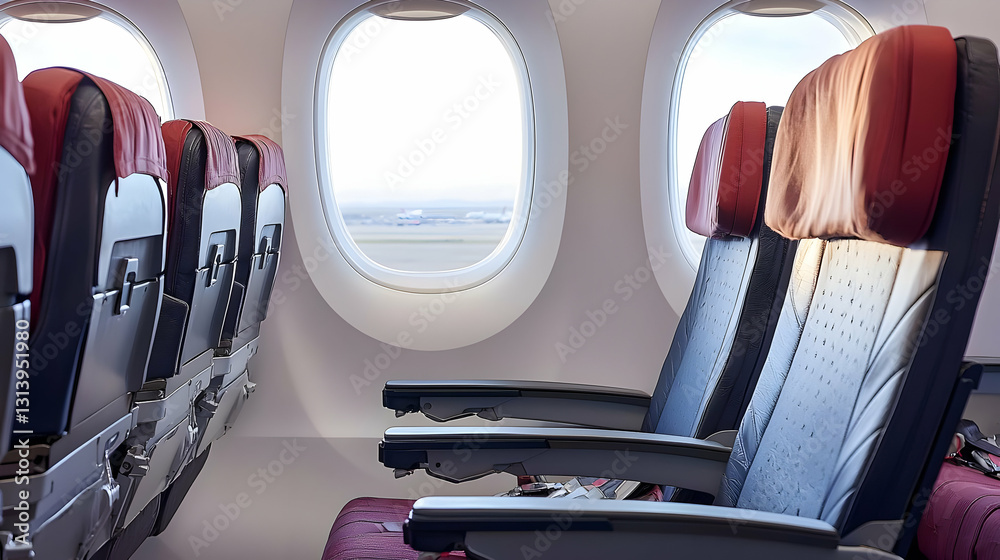 Fototapeta premium Empty Airplane Cabin Interior With Red And Black Seats And A View From The Window During Daytime Flight