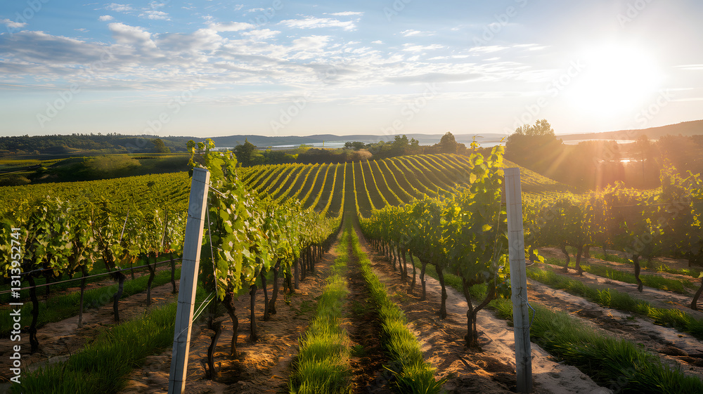 Fototapeta premium A sunlit vineyard with rows of grapevines stretching toward the horizon.