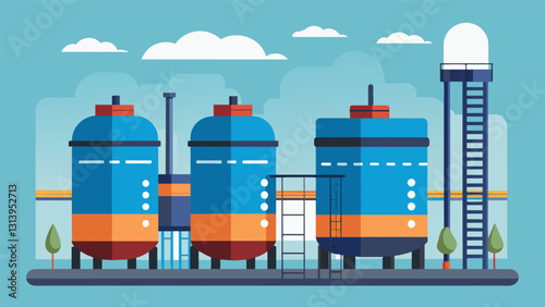 Large bubbling tanks where the extracted oil undergoes further treatment and purification.. Vector illustration