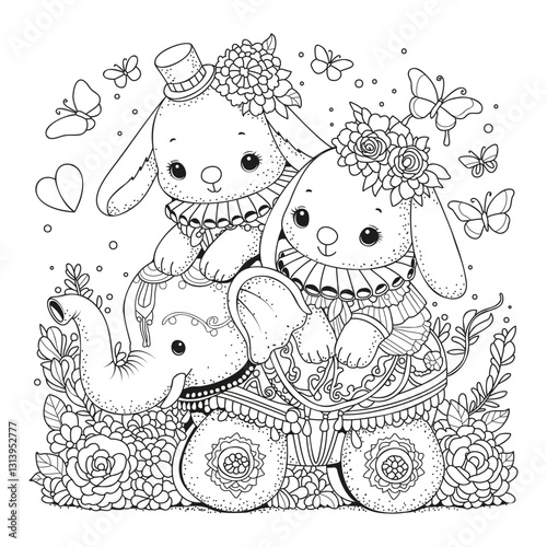 Cute bunnies in beautiful costumes ride an elephant. Coloring page.