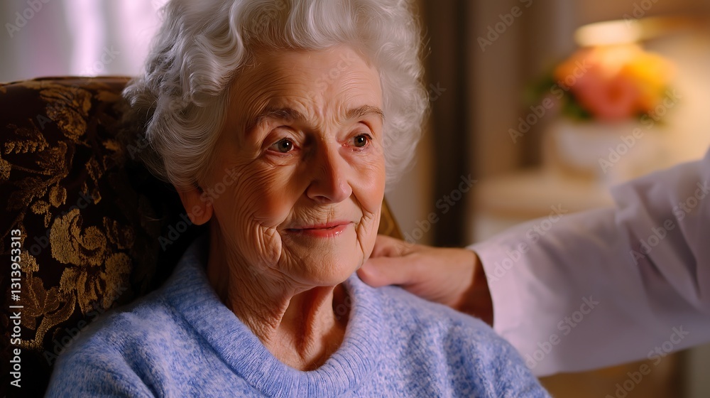 A professional nurse or caregiver offers reassuring support to an elderly woman sitting comfortably in a chair A professional nurse or caregiver offers reassuring support to an elderly woman sitting comfortably in a chair