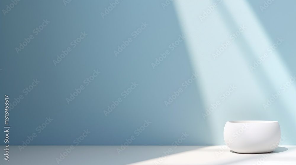 Minimalist White Bowl on a White Table Against a Blue Wall Minimalist White Bowl on a White Table Against a Blue Wall