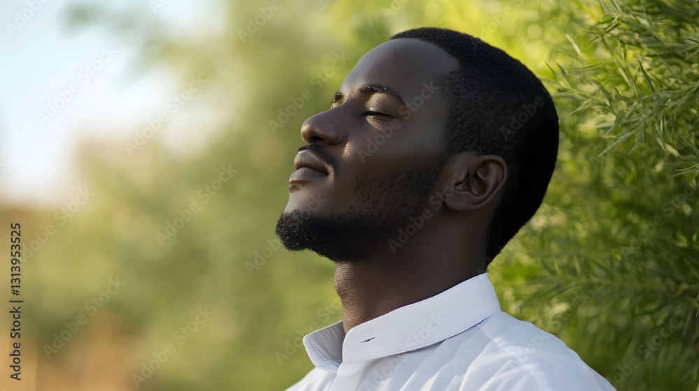 Young African Man Enjoying Peaceful Moment in Nature with Eyes Closed Young African Man Enjoying Peaceful Moment in Nature with Eyes Closed
