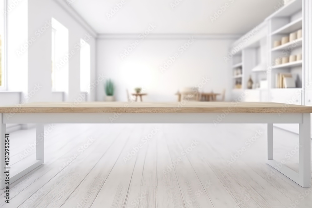 Minimalist White Room with a Long Wooden Table and Shelves Minimalist White Room with a Long Wooden Table and Shelves
