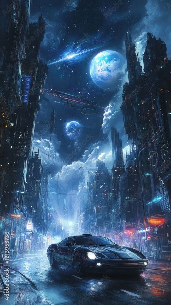 extraterrestrial environment, with the bright daylight revealing a sky filled with stunning celestial bodies.