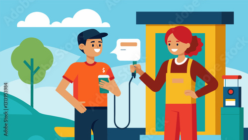 The attendant at the petrol pump patiently answered questions from a firsttime driver explaining how to pump gas and where to find the nearest. Vector illustration
