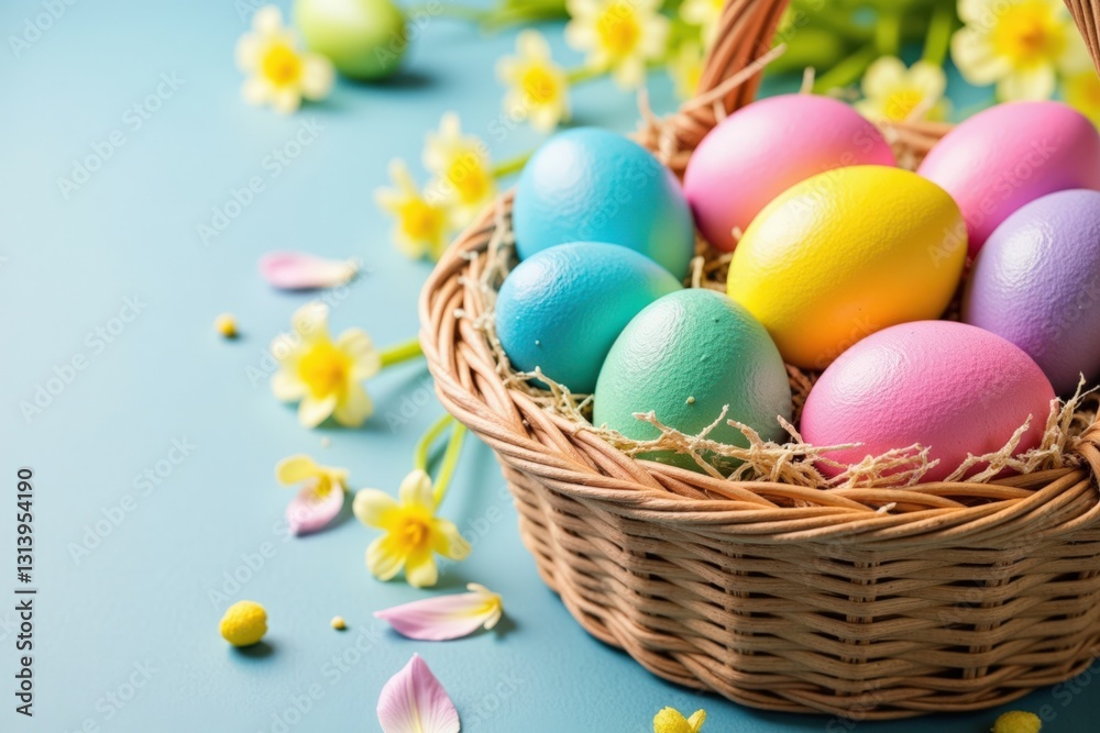 Colorful Easter Eggs in a Woven Basket Surrounded by Spring Flowers on a Soft Blue Background Celebrating the Joy of Easter Traditions and Festivities Colorful Easter Eggs in a Woven Basket Surrounded by Spring Flowers on a Soft Blue Background Celebrating the Joy of Easter Traditions and Festivities