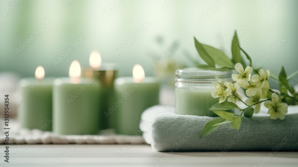 Relaxing Spa Scene with Candles, Towels, and Flowers Relaxing Spa Scene with Candles, Towels, and Flowers