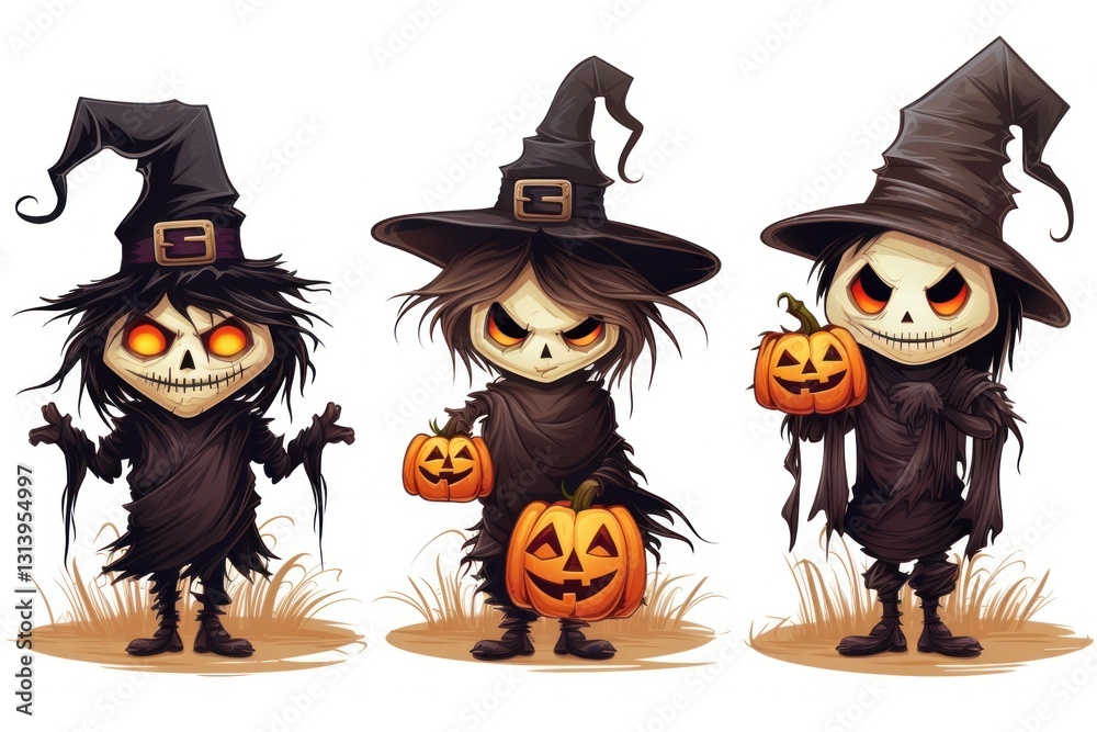 Three Cartoonish Halloween Characters with Jack-o-Lanterns and Witch Hats Three Cartoonish Halloween Characters with Jack-o-Lanterns and Witch Hats