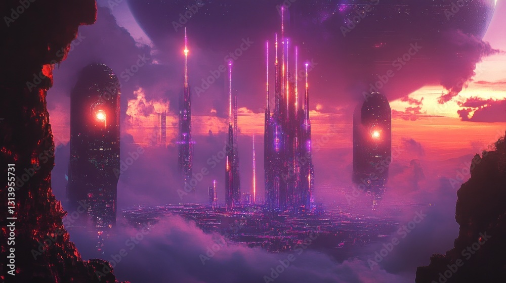 Fototapeta premium Dreamscape of a luminous alien city amidst clouds and surreal architecture