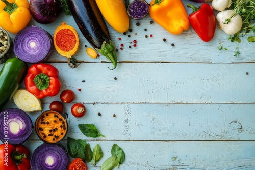 An assortment of organic vegetables for cooking flavorful vegan or vegetarian cuisine, positioned on a white wooden background, shot from a top angle, and enclosed in a frame, embodying the concept