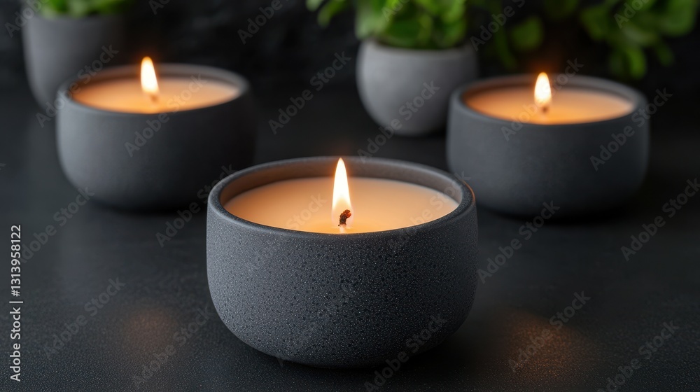 Glowing candles in gray ceramic holders illuminate a serene space, casting warm light. Lush greenery adds a natural touch, enhancing the peaceful ambiance Glowing candles in gray ceramic holders illuminate a serene space, casting warm light. Lush greenery adds a natural touch, enhancing the peaceful ambiance
