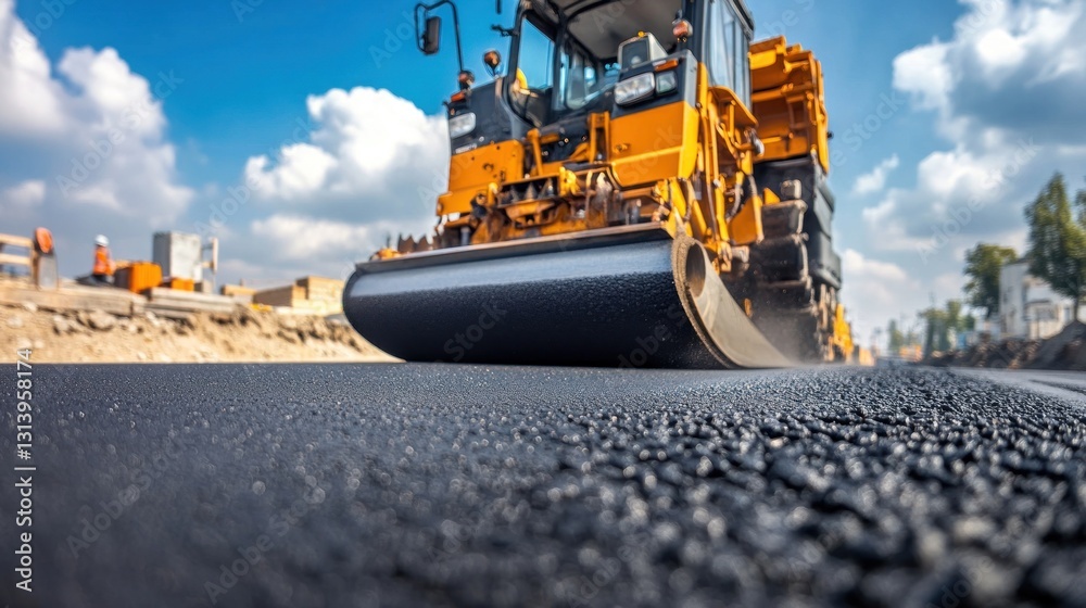 Road Roller Compacting Asphalt on Construction Site Road Roller Compacting Asphalt on Construction Site