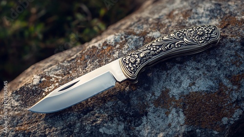 Silver pocket knife lying on a smooth stone surface
