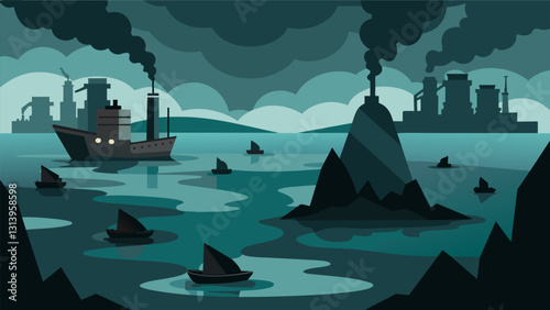 Seagulls flock to the harbor fighting over scraps of coal that fall from the ships.. Vector illustration
