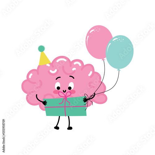 A cheerful, cartoon-style illustration of a pink brain celebrating birthday. Happy birthday greeting card for party invitation.