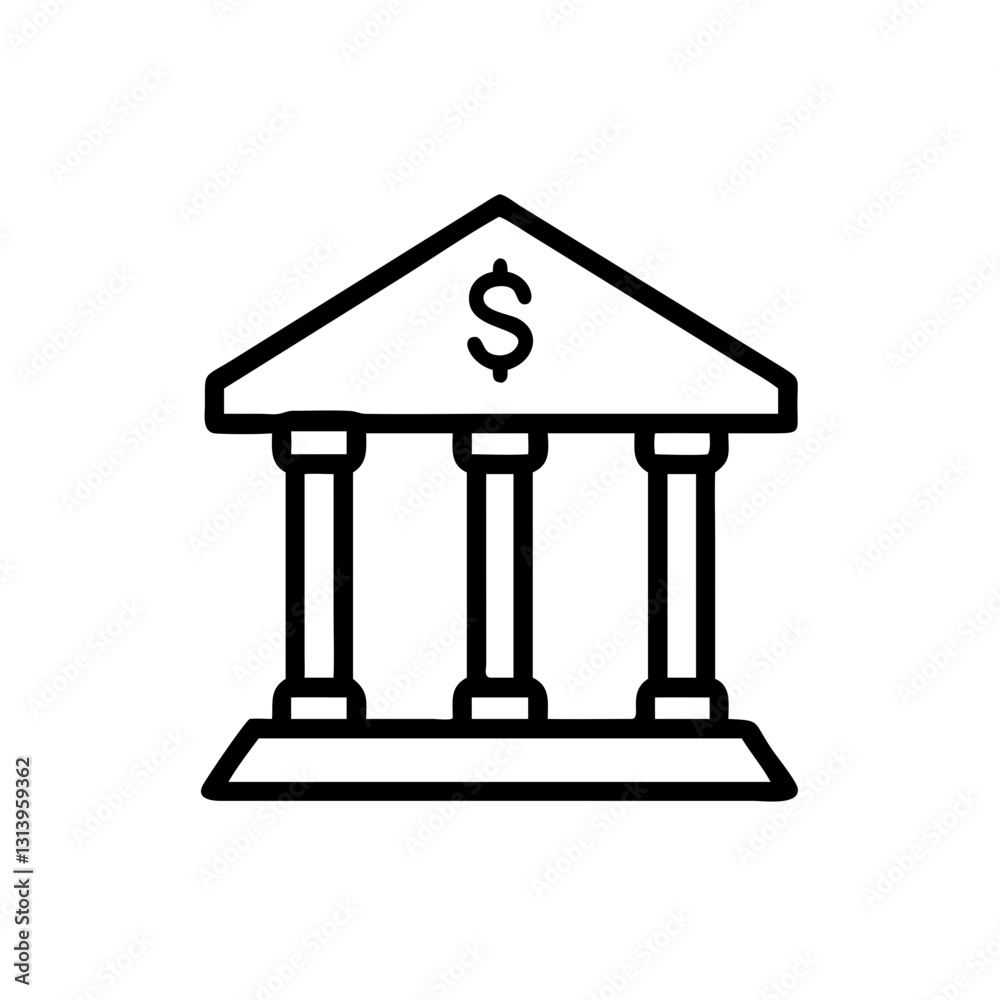 Bank building illustration with columns and dollar sign symbolizing finance and banking services Bank building illustration with columns and dollar sign symbolizing finance and banking services