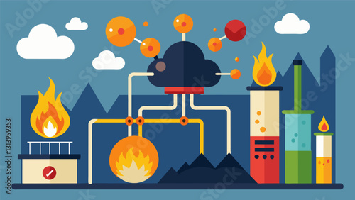 An abstract illustration of the chemical reactions involved in converting solid coal into gaseous fuels highlighting the transformation and potential. Vector illustration