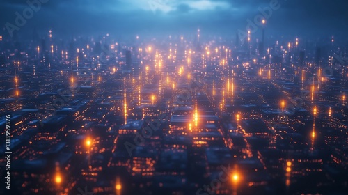Cyberpunk city with glowing digital ads and smart buildings