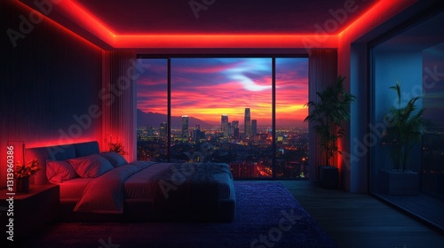 Modern bedroom with city view and vibrant neon lighting