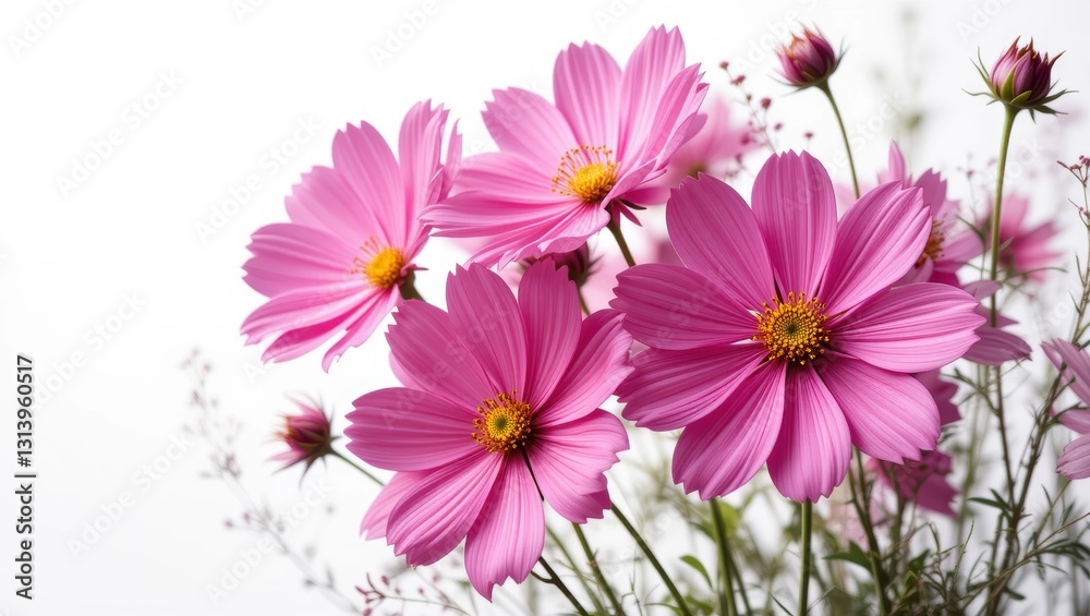 Beautiful Pink Cosmos Flowers Blooming Gracefully Against A Soft White Background Beautiful Pink Cosmos Flowers Blooming Gracefully Against A Soft White Background