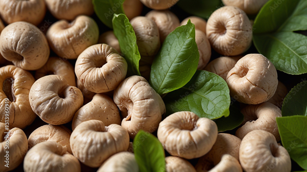 Fototapeta premium Cashew nuts, fresh green leaves, macro photography, white background, organic food, healthy snack, raw cashews, curved nut shape, beige color