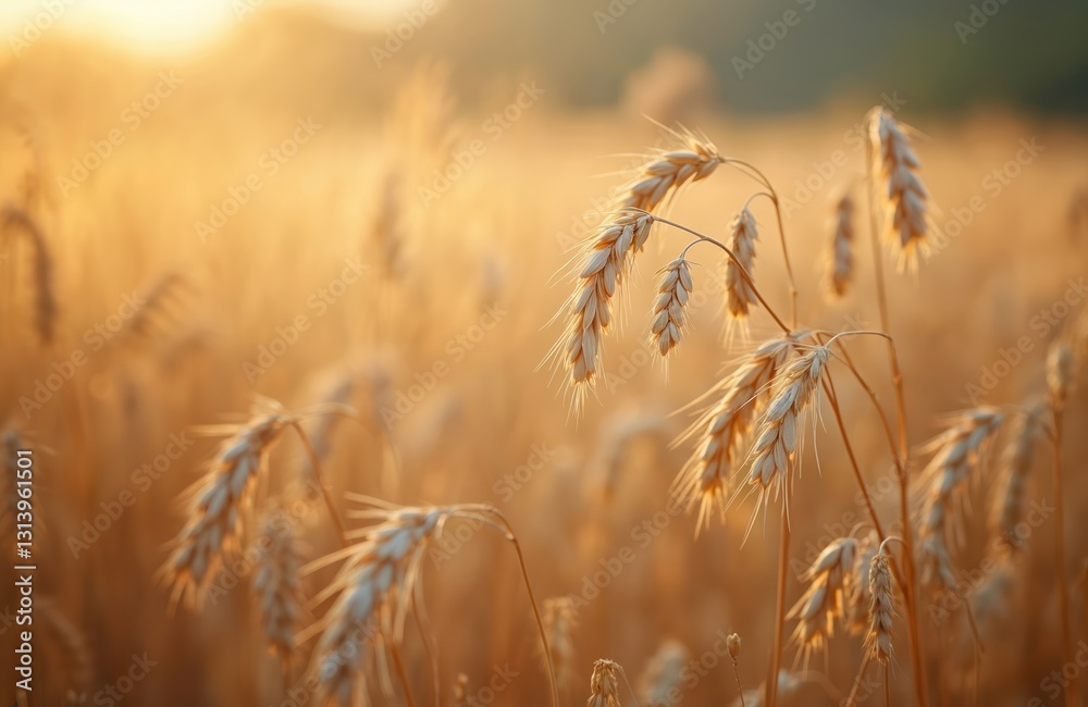 Fototapeta premium Golden wheat field at sunset. Ripe oat plants in agricultural landscape. Nature background with sun, flora in summer, autumn season, agriculture harvest time, farming industry.